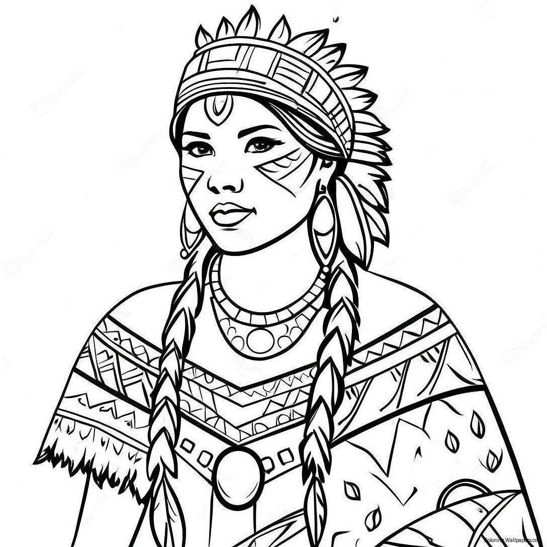 Elegant Native American Woman In Traditional Dress Coloring Page 54884