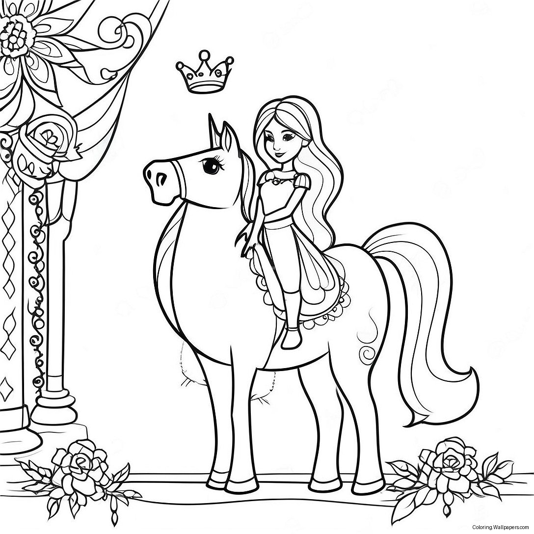 Elegant Princess With A Sparkling Horse Coloring Page 40255