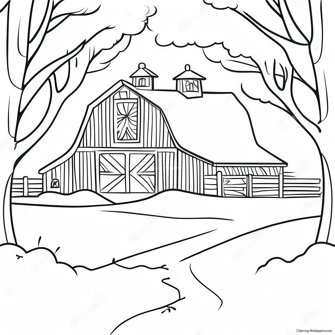 Festive Country Barn With Snow Coloring Page 35137