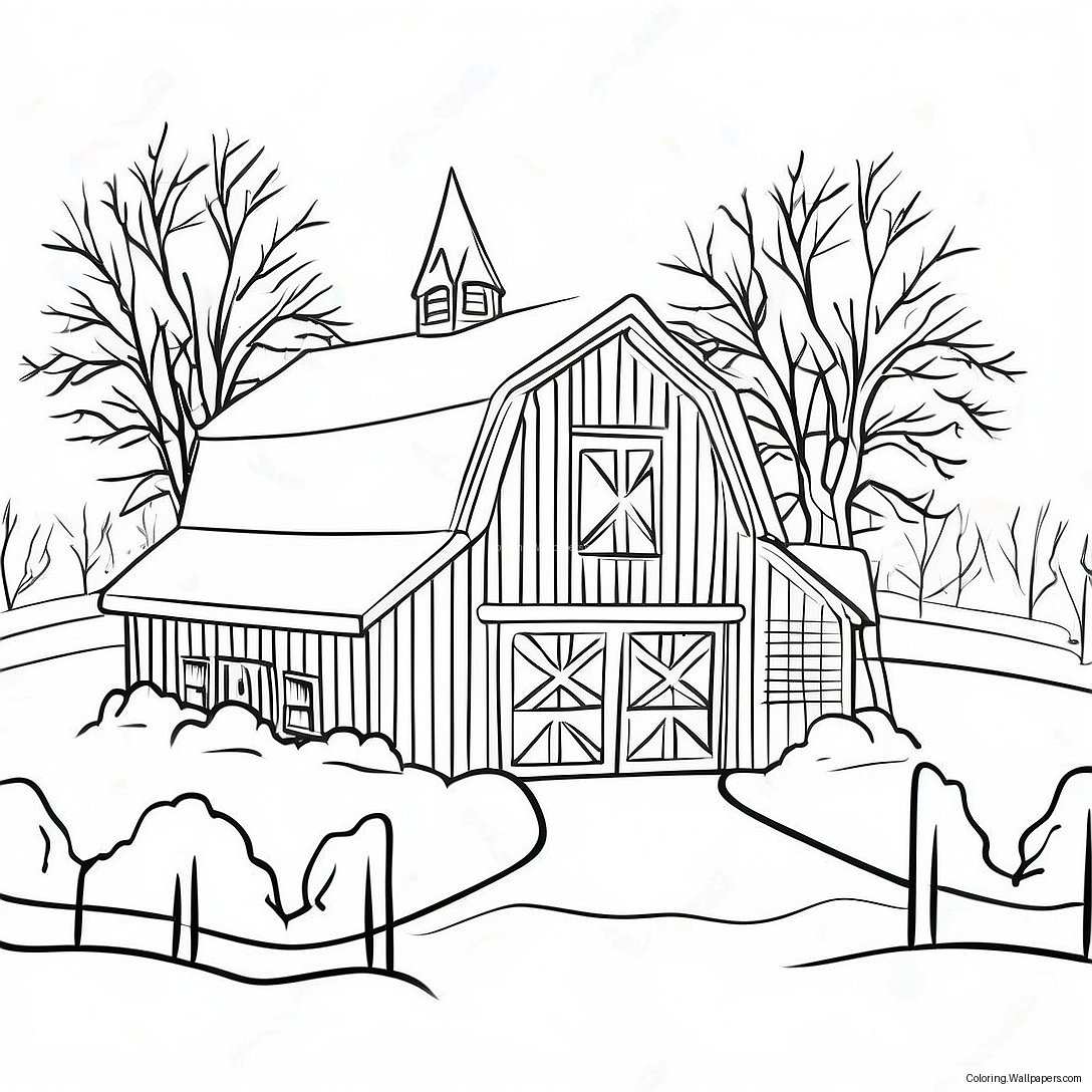 Festive Country Barn With Snow Coloring Page 35139