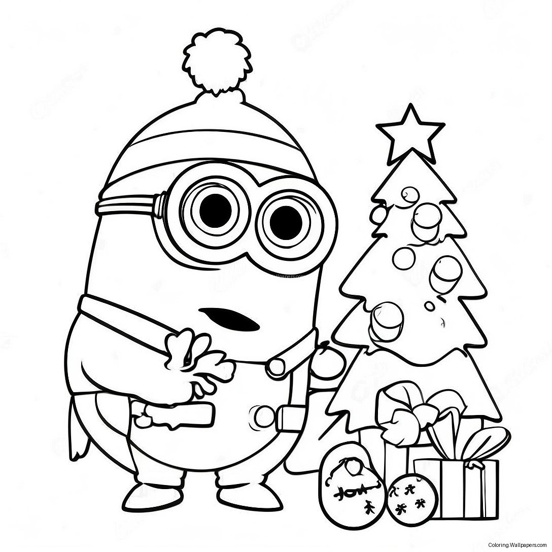 Festlig Minion Som Pynter Et Juletre Fargeleggingsark 25172