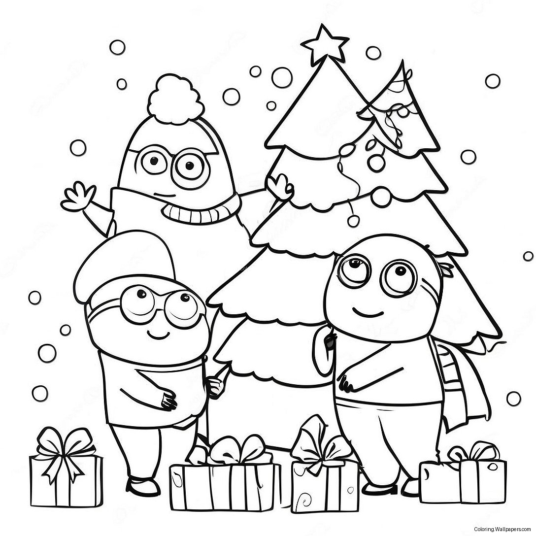 Festive Minions Decorating A Tree Coloring Page 23224