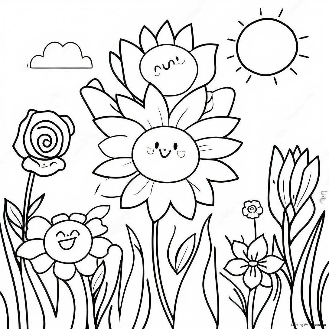 Field With Colorful Flowers Coloring Page 49436