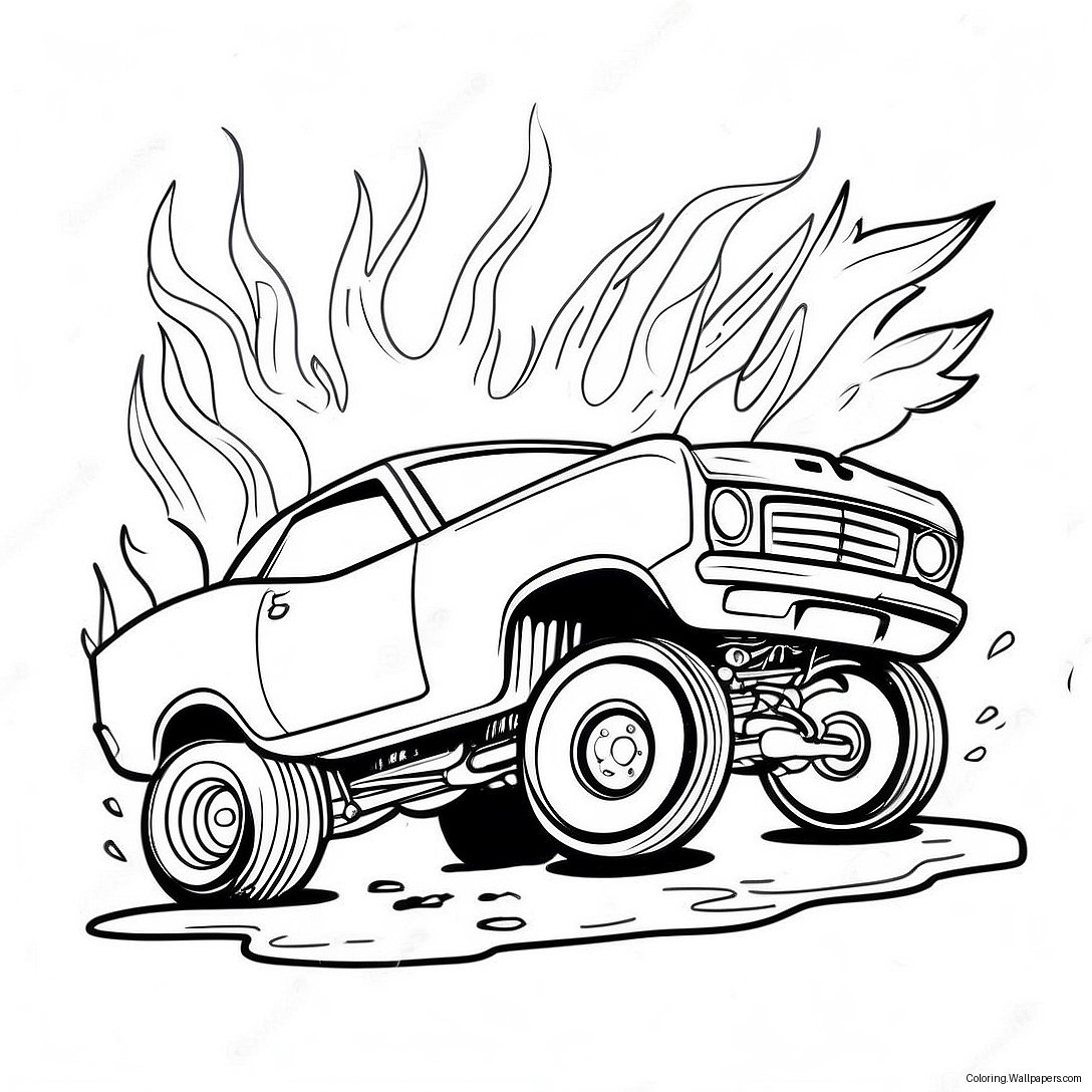 Flaming Demolition Derby Car Coloring Page 24122