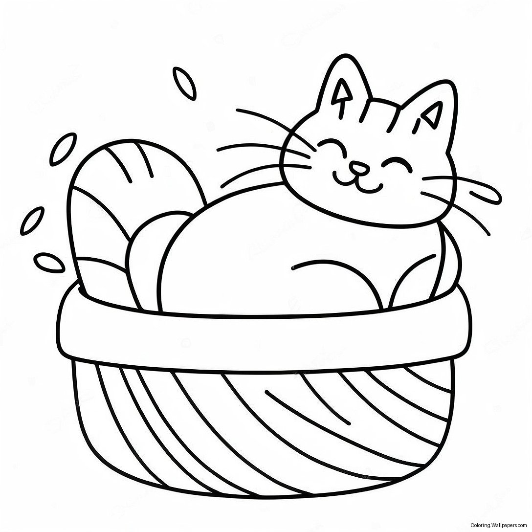 Fluffy Cat Sleeping In A Basket Coloring Page 41379