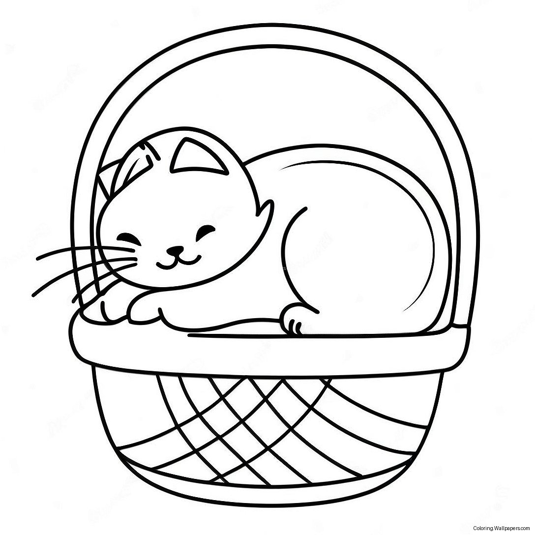 Fluffy Cat Sleeping In A Basket Coloring Page 41380