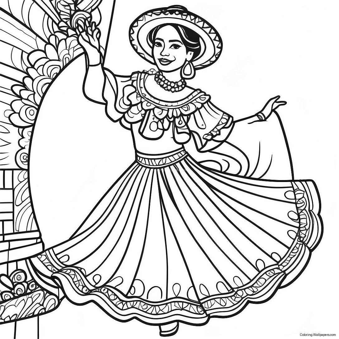 Folklorico Dancer In Colorful Dress Coloring Page 40146