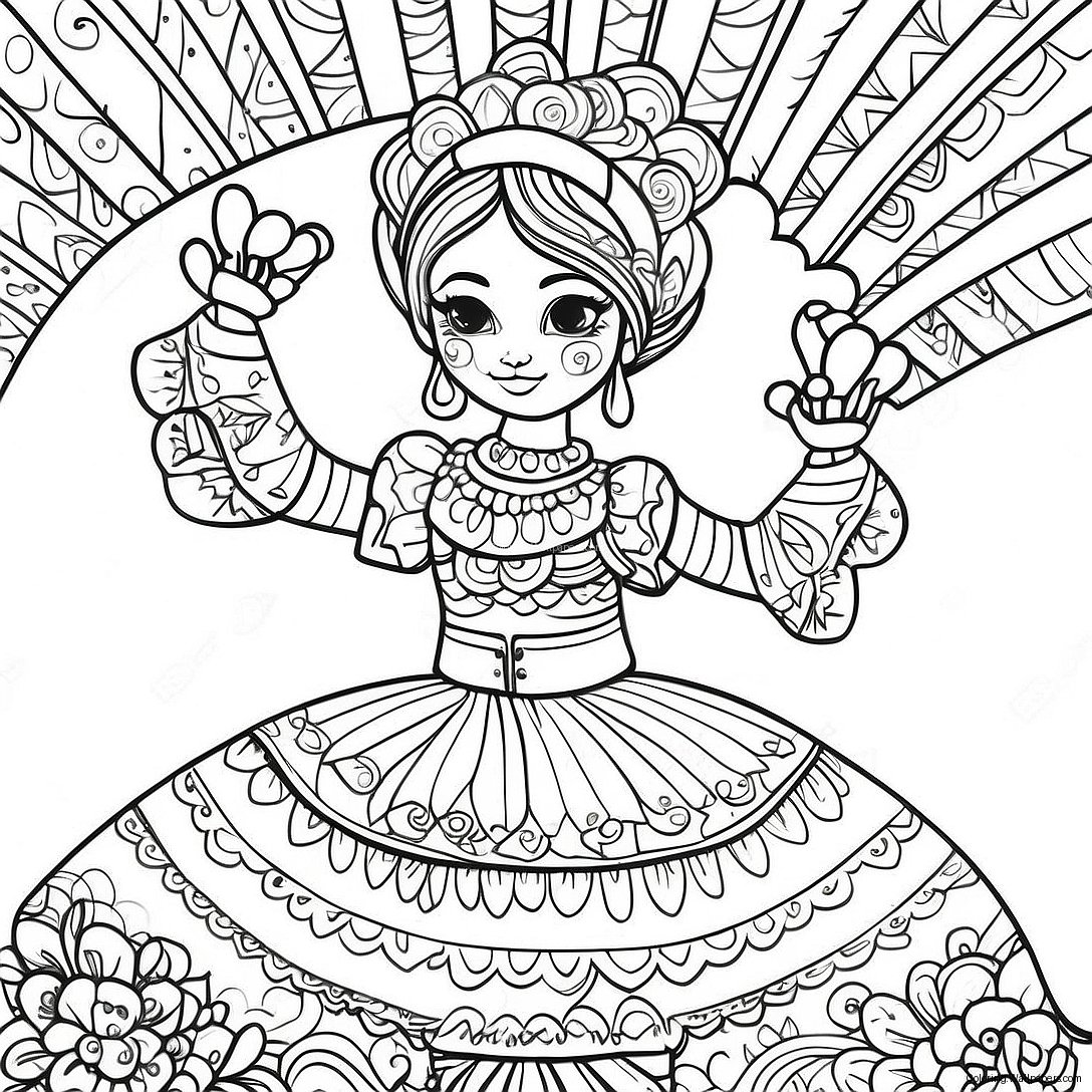 Folklorico Dancer In Colorful Dress Coloring Page 40147