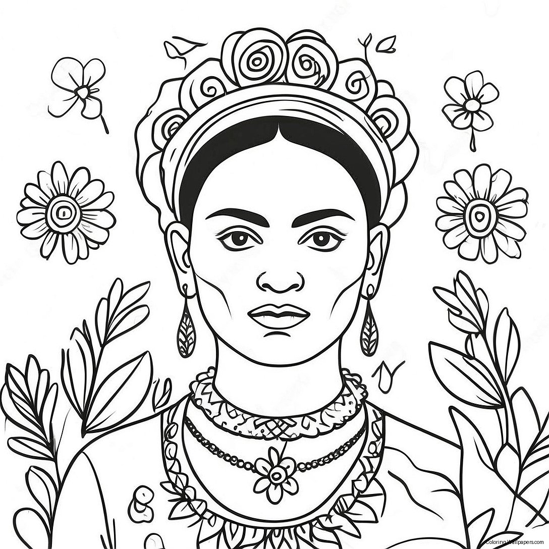 Frida Kahlo With Flowers Coloring Page 1873