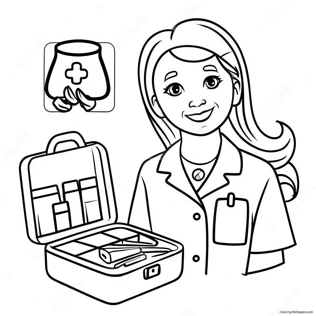 Friendly Nurse With First Aid Supplies Coloring Page 24067