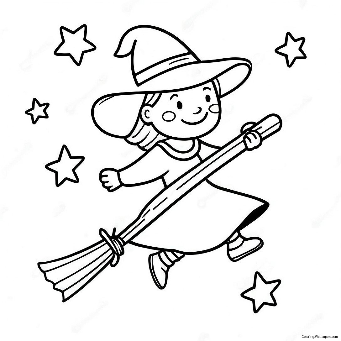 Friendly Witch On A Broom Coloring Page 8045