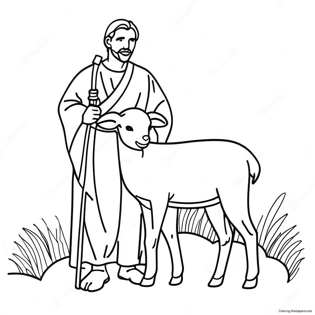 Gentle Shepherd With Lamb Coloring Page 16353