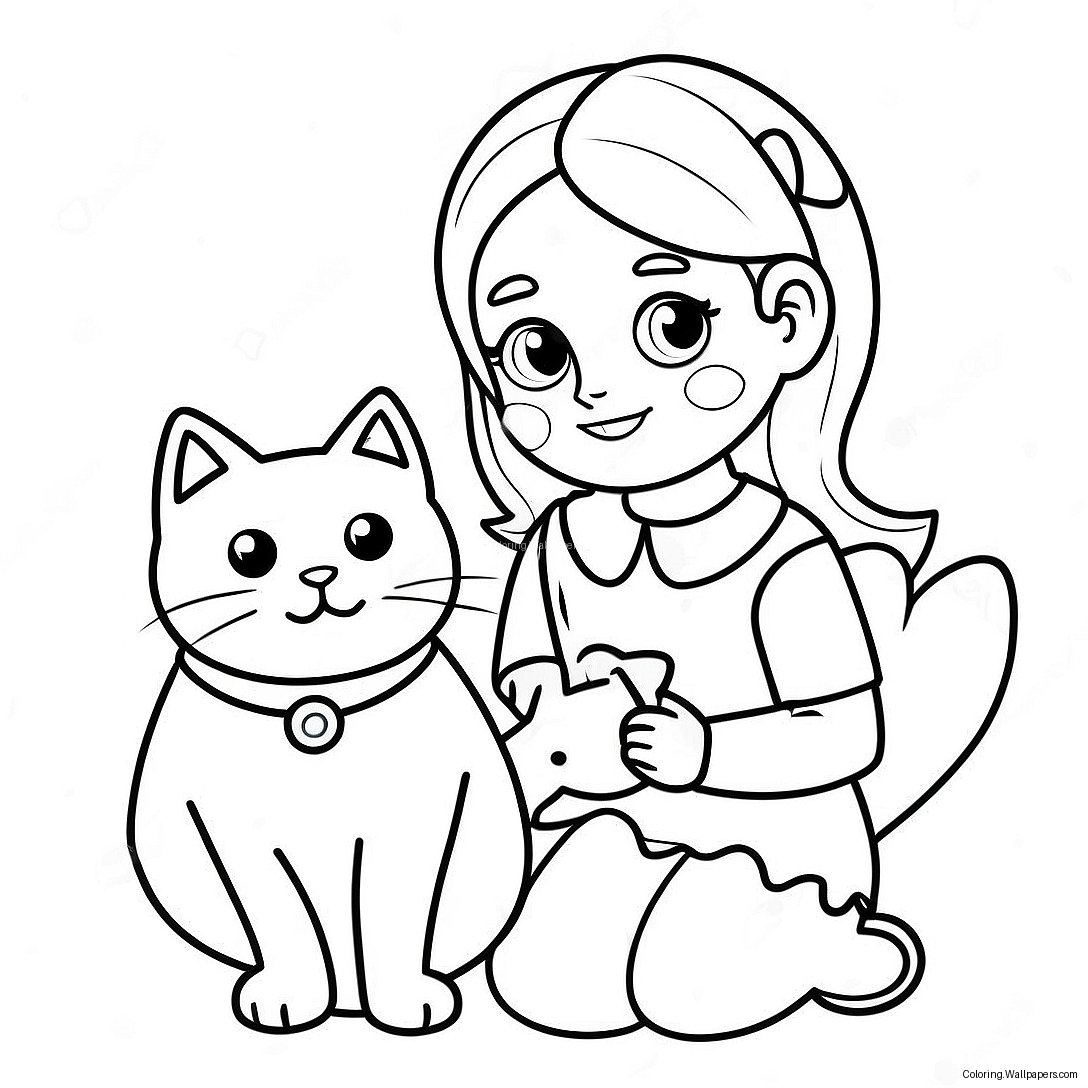 猫と女の子 ぬりえページ 20975