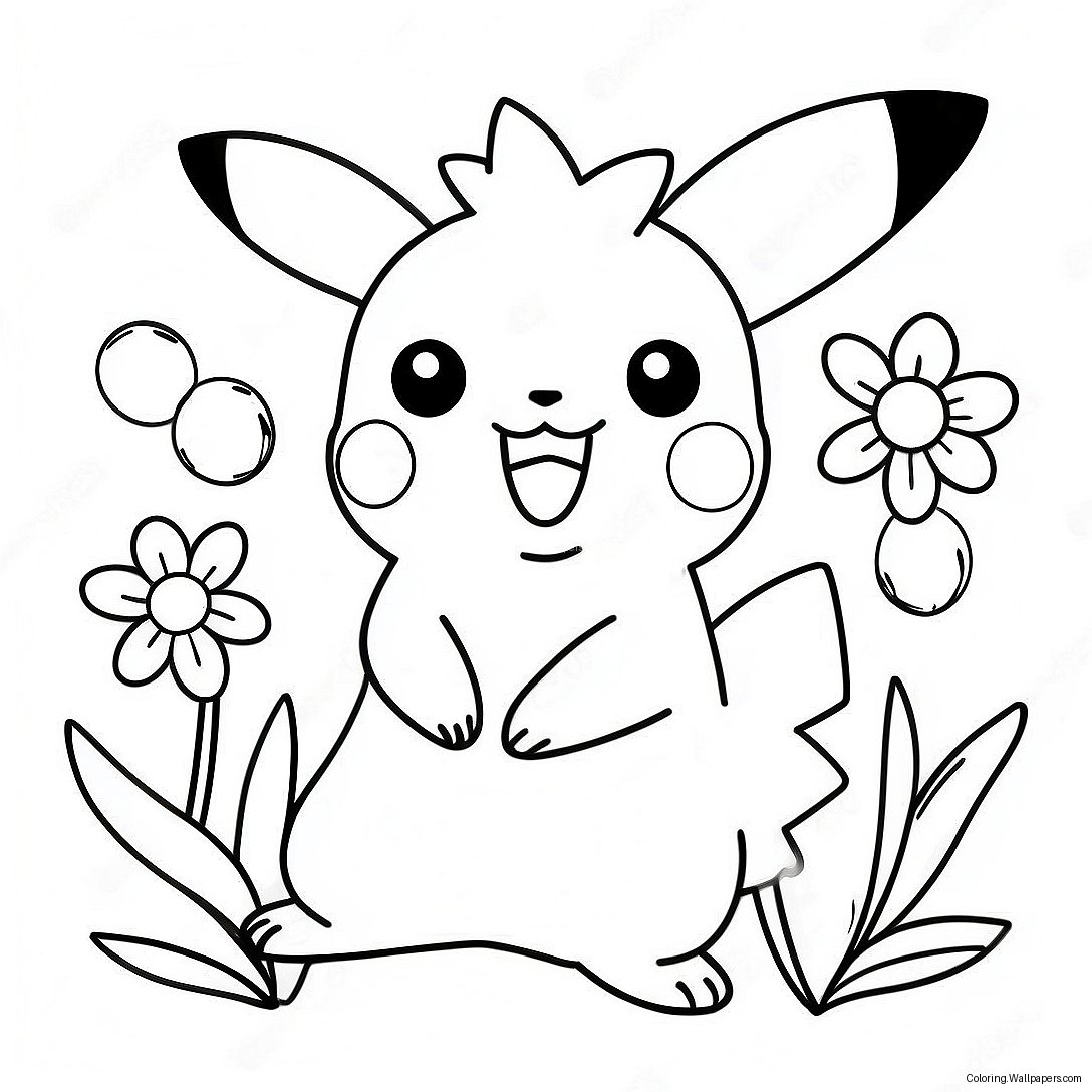 Glad Flicka Pikachu Med Blommor Målarbild 40961