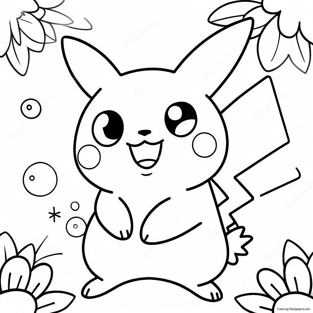 Happy Girl Pikachu With Flowers Coloring Page 40962