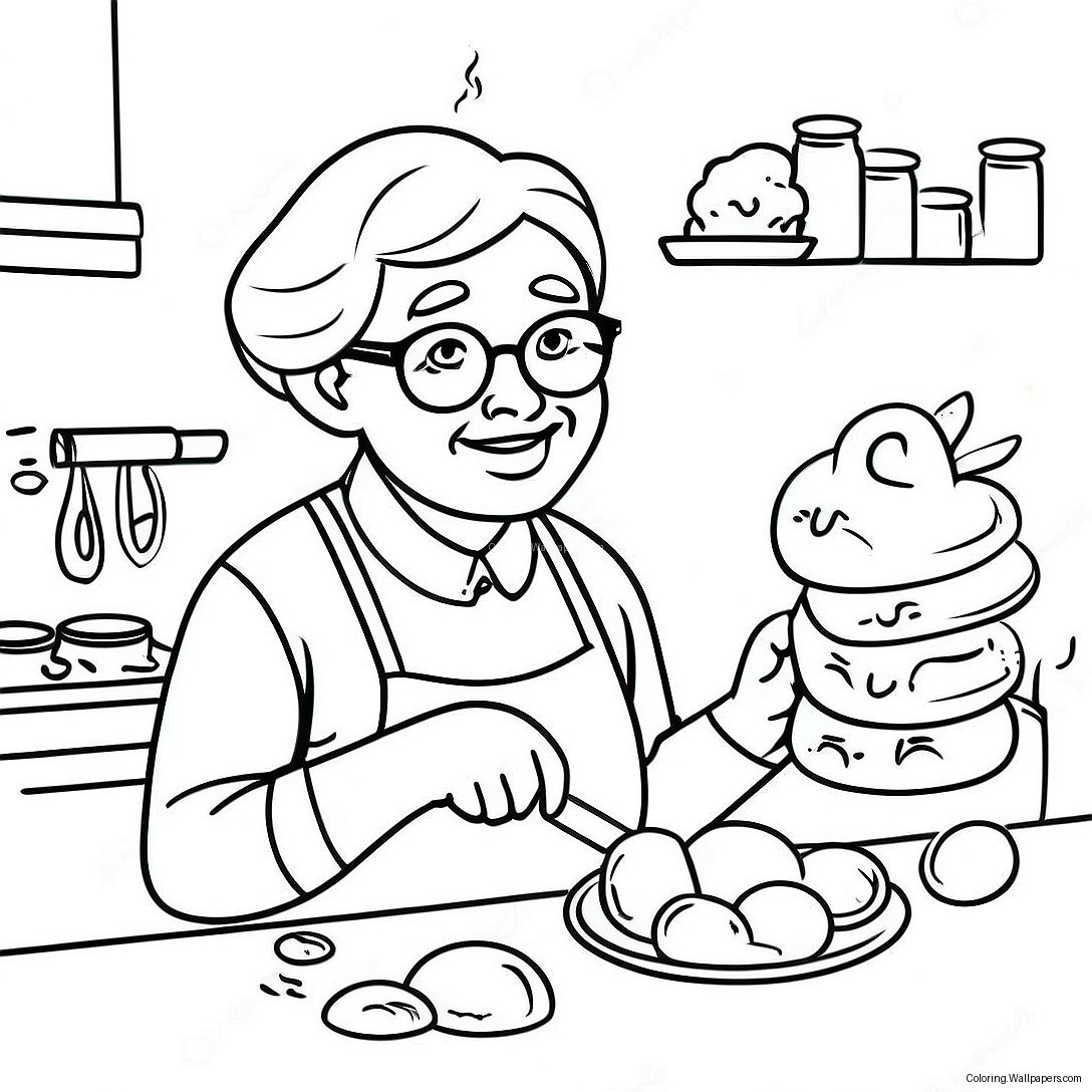 Happy Grandma Baking Cookies Coloring Page 8056