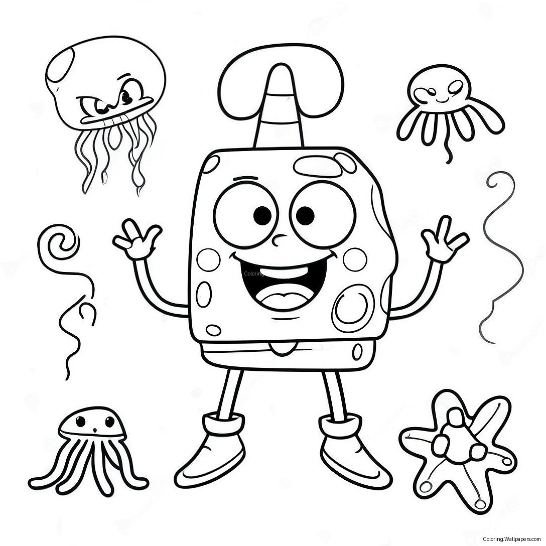 Página Para Colorir Do Bob Esponja Feliz Com Água-Viva 729