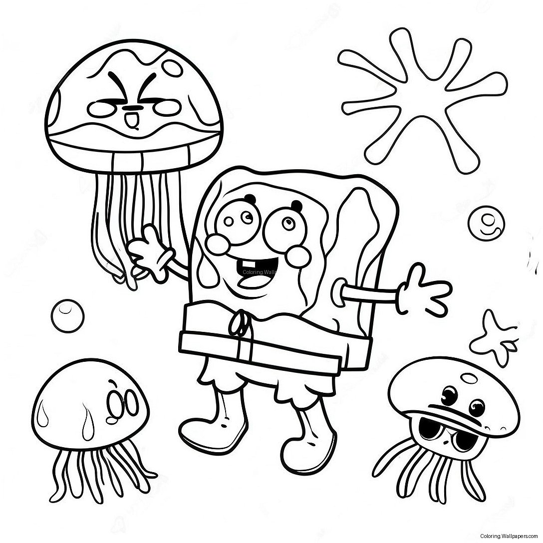 Página Para Colorir Do Bob Esponja Feliz Com Água-Viva 730