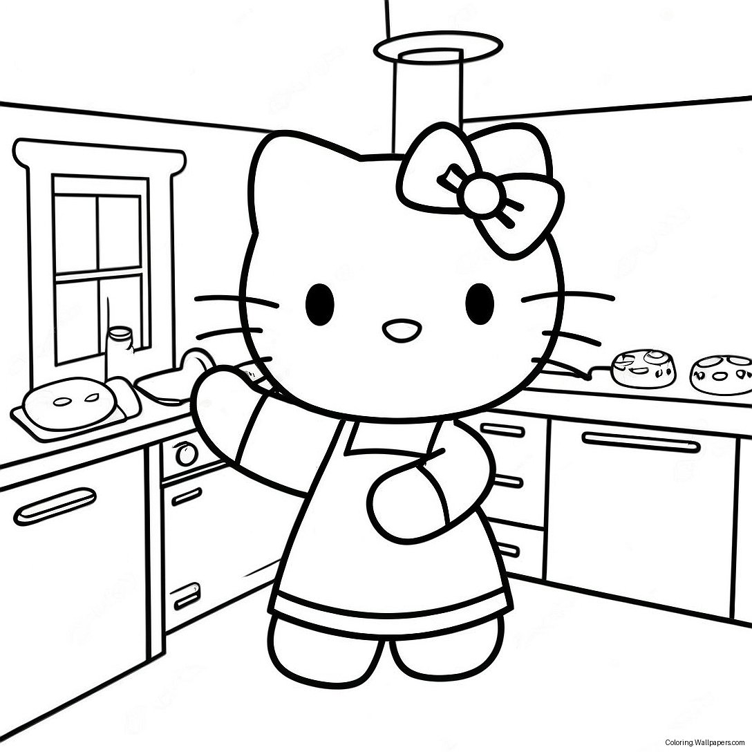 Página Para Colorear De Hello Kitty Cocinando En La Cocina 37501