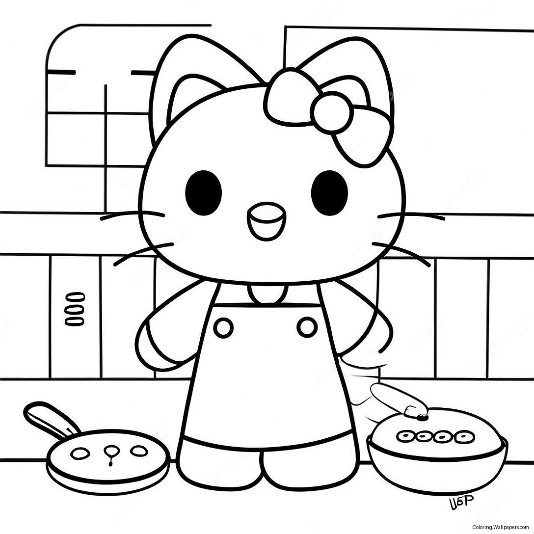 Página Para Colorear De Hello Kitty Cocinando En La Cocina 37504