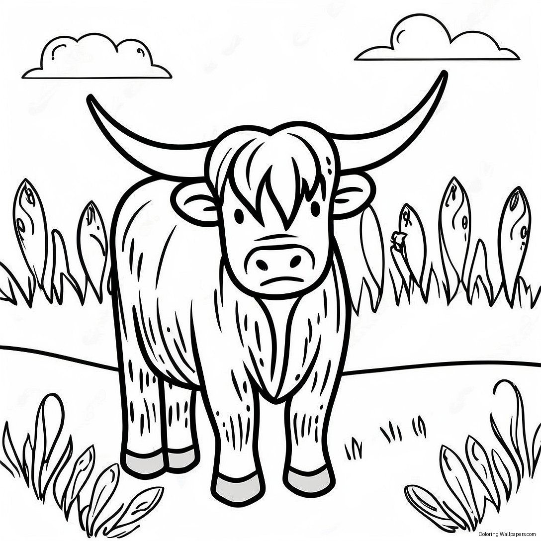 Highland Cow Grazing In A Meadow Coloring Page 49164