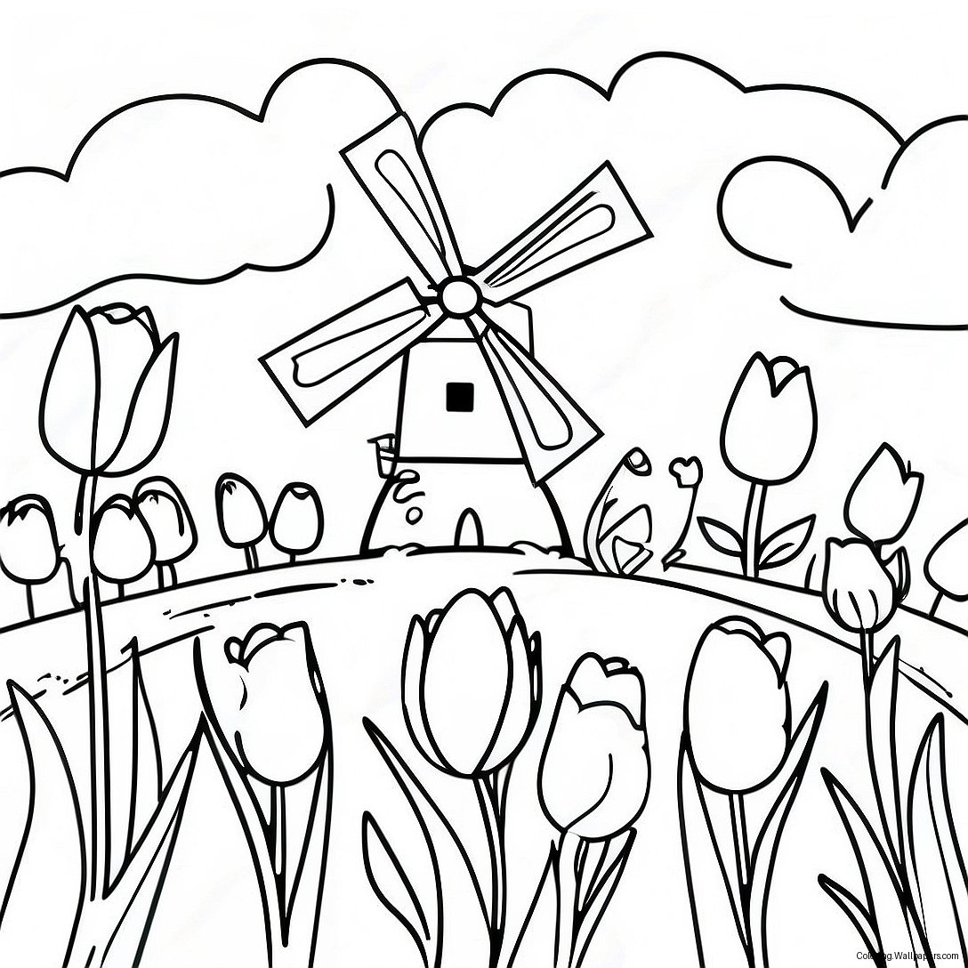 Holland Landscape With Tulips Coloring Page 26413