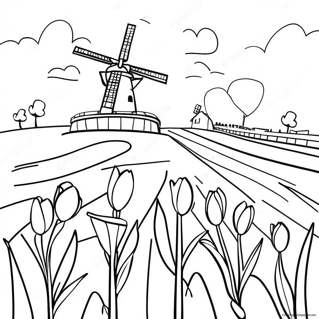 Hollands Landschap Met Tulpen Kleurplaat 26415