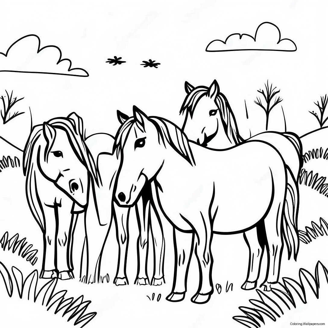 Horse Herd Grazing In A Meadow Coloring Page 55203