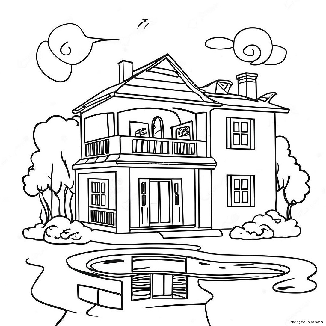 House With Sparkling Pool Coloring Page 38470