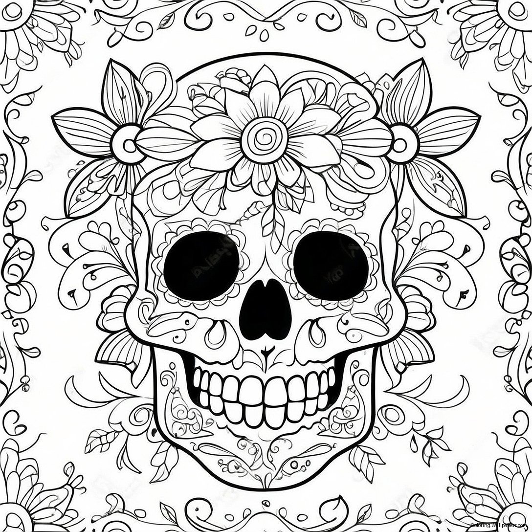 Intricate Gothic Sugar Skull With Flowers Coloring Page 50236