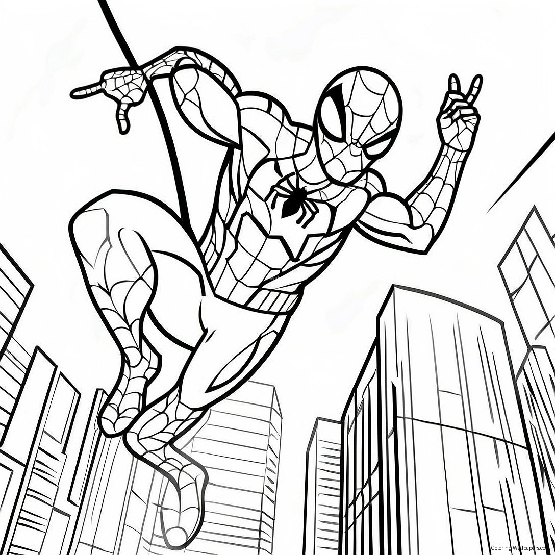 Iron Spider Swinging Through City Coloring Page 22938