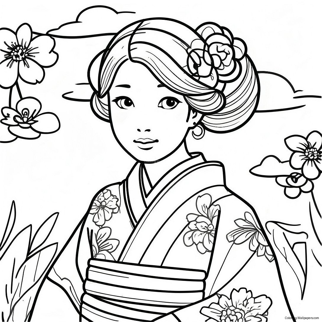 Japanese Girl In Traditional Kimono Coloring Page 38438