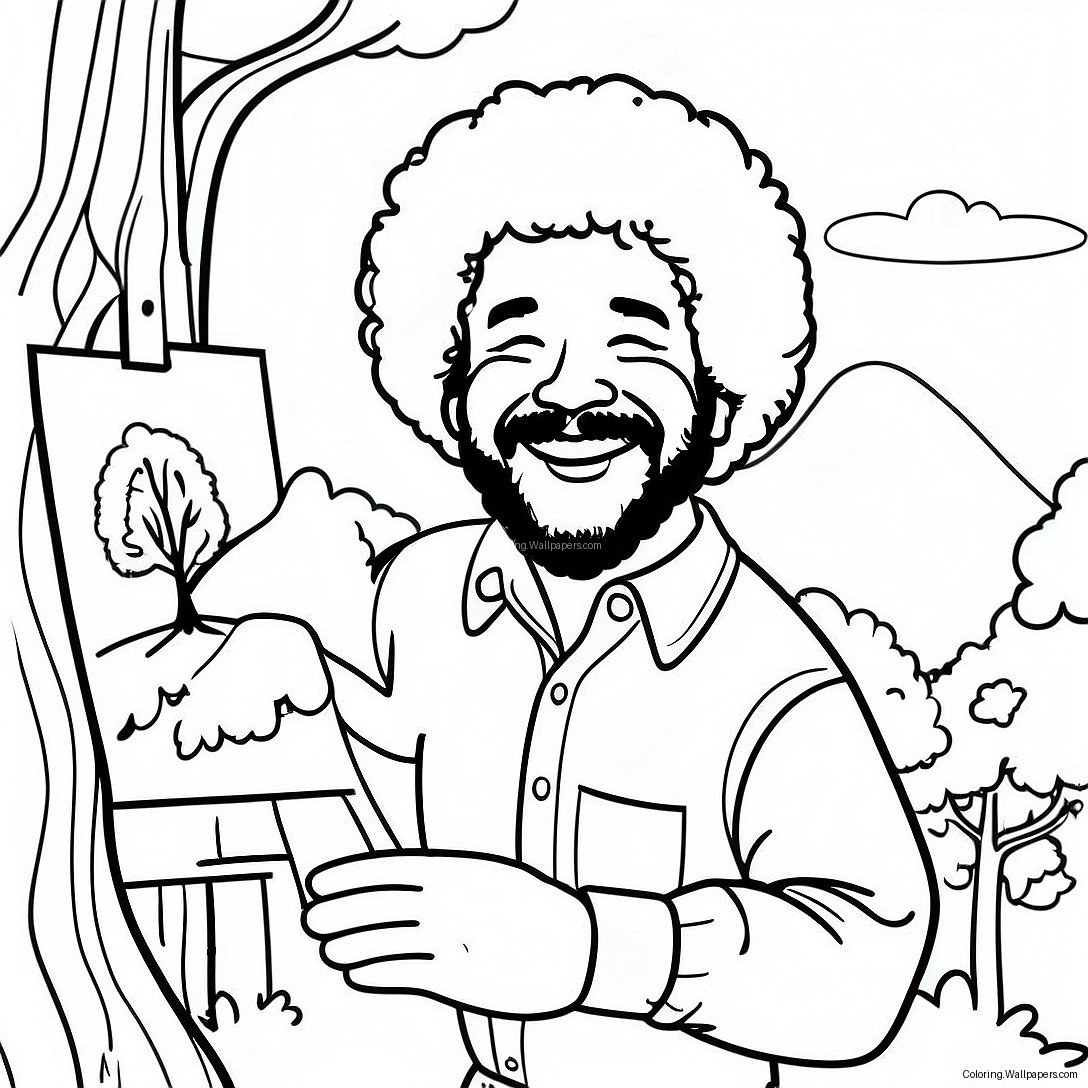 Pagini De Colorat Cu Bob Ross Pictând Un Copac Fericit 44697