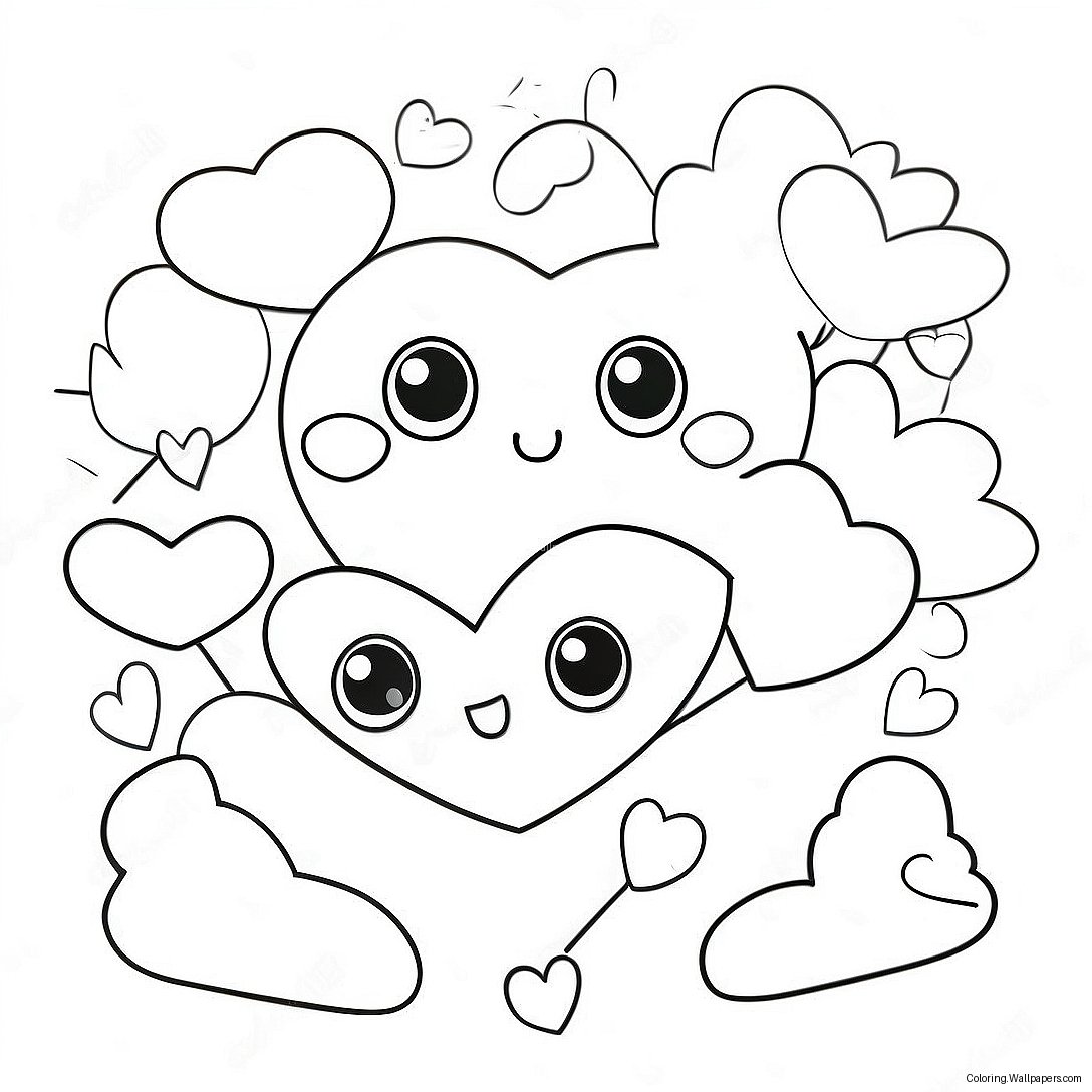 Kawaii Valentines Hearts Coloring Page 51645