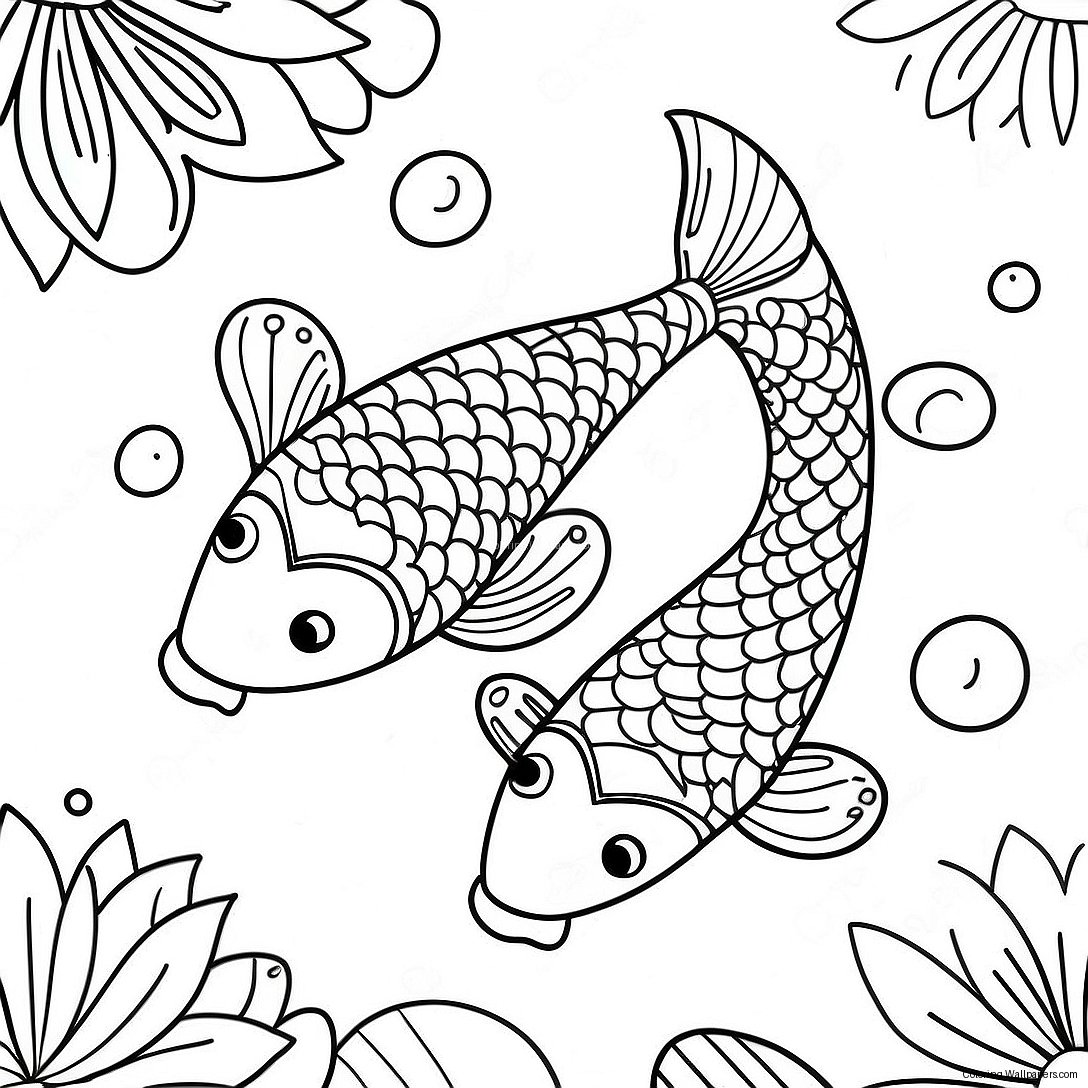 Koi Fish Swimming In A Colorful Pond Coloring Page 13359