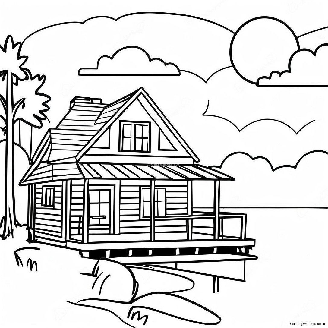 Lake House Cabin At Sunset Coloring Page 36005