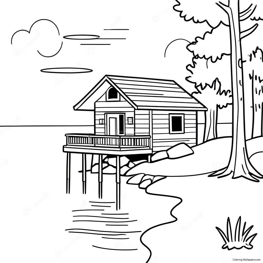 Lake House Cabin At Sunset Coloring Page 36006