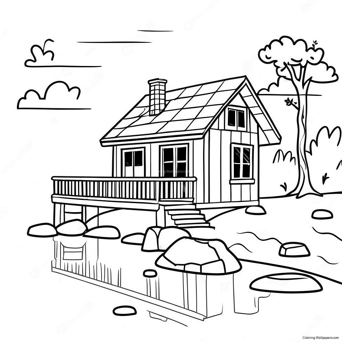 Lake House Cabin At Sunset Coloring Page 36007