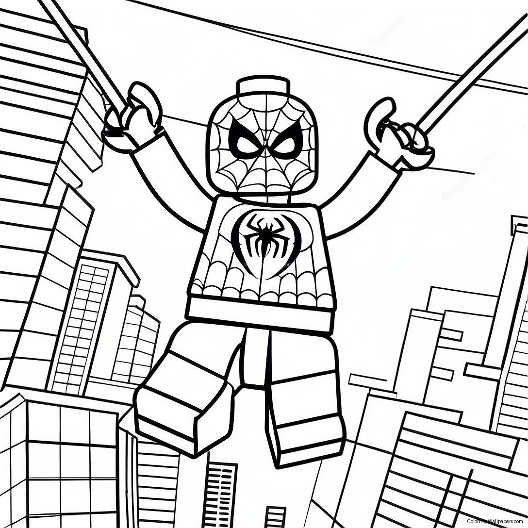 Page À Colorier De Lego Spiderman Se Balançant À Travers La Ville 11971