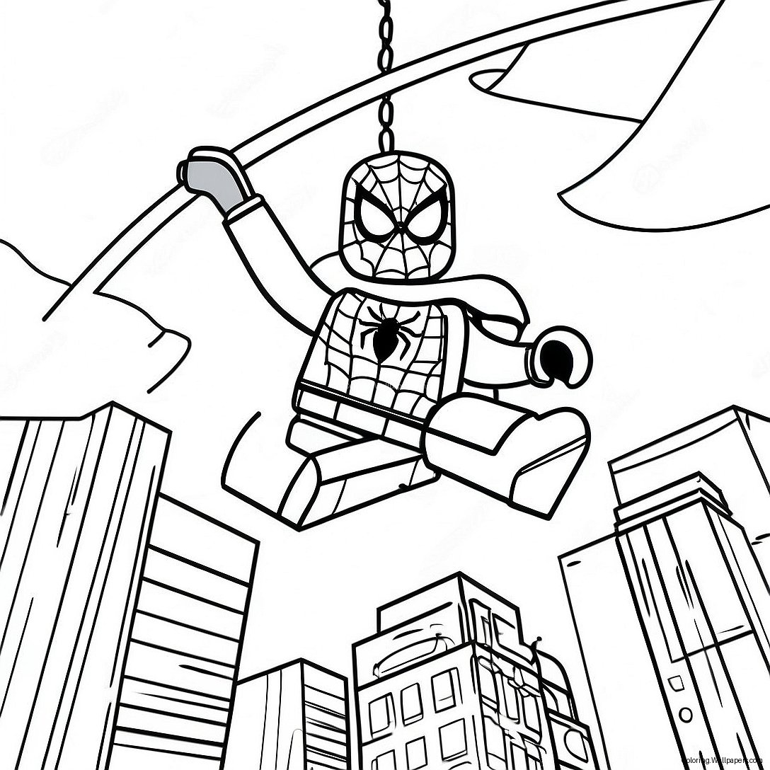 Lego Spiderman Swinging Through City Coloring Page 1897