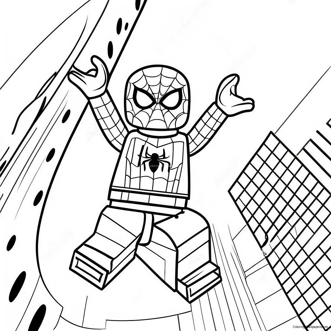 Lego Spiderman Swinging Through City Coloring Page 1900