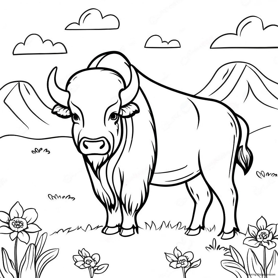 Buffle Majestueux Dans Une Prairie - Page À Colorier 13545