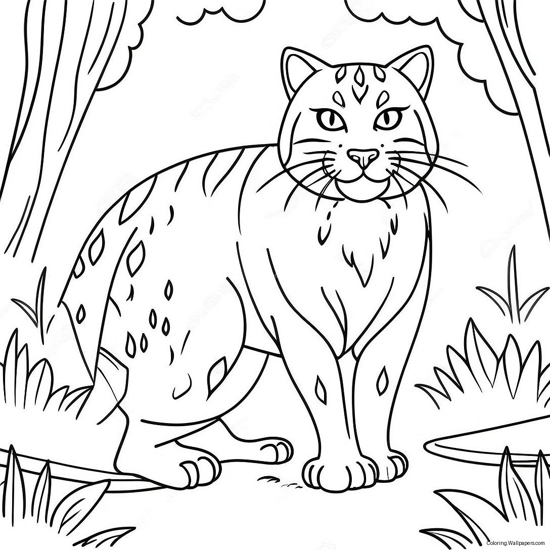 Página Para Colorear De Un Majestuoso Gato Salvaje En El Bosque 29915