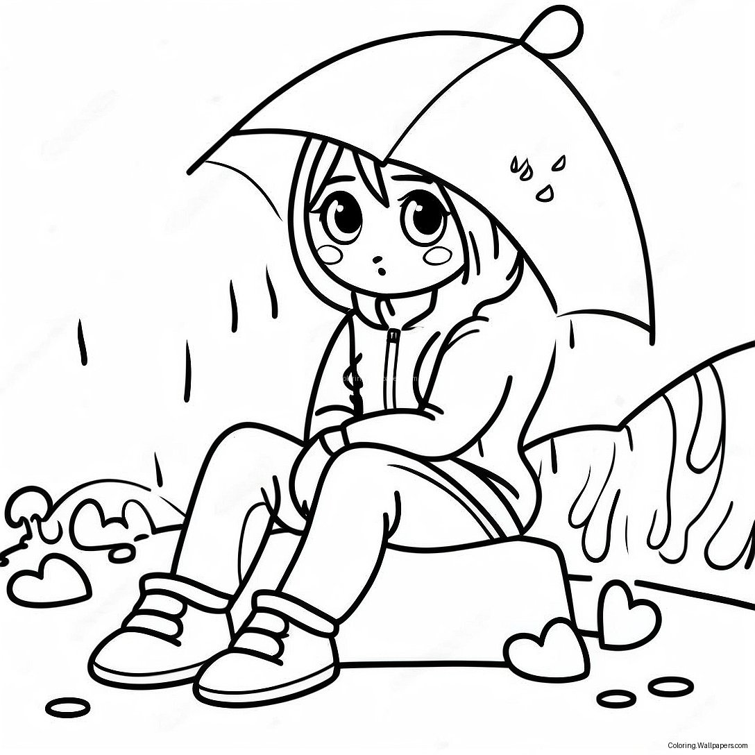 Melancholic Anime Girl Sitting In Rain Coloring Page 34708