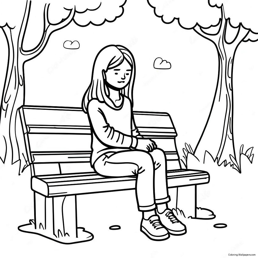 Melancholic Girl Sitting On A Bench Coloring Page 33876