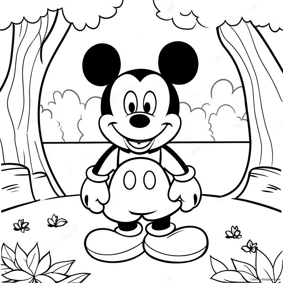 Mickey Mouse In A Colorful Autumn Scene Coloring Page 8358