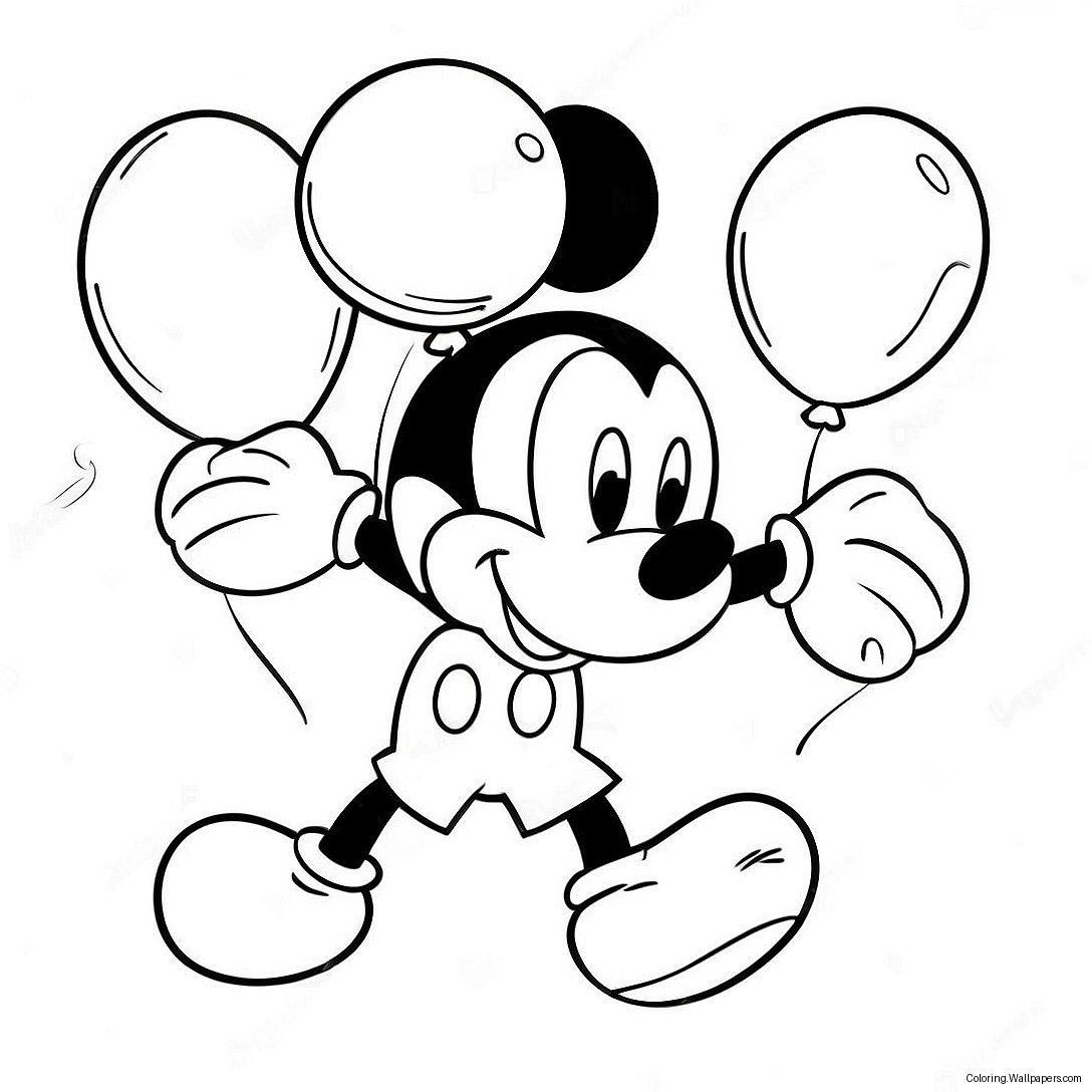 Mickey Mouse Med Farverige Balloner Farvelægningsside 10636