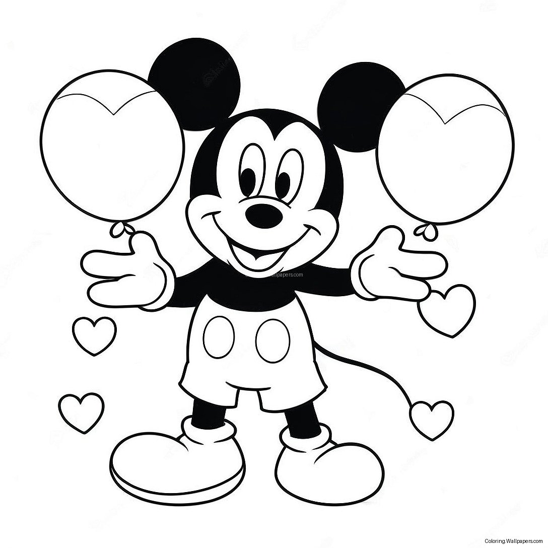 Mickey Mouse With Heart Balloons Coloring Page 10752