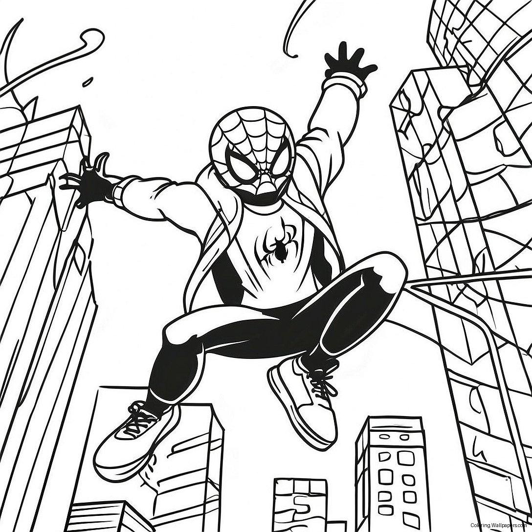 Pagini De Colorat Cu Miles Morales Swinging Through City 21803