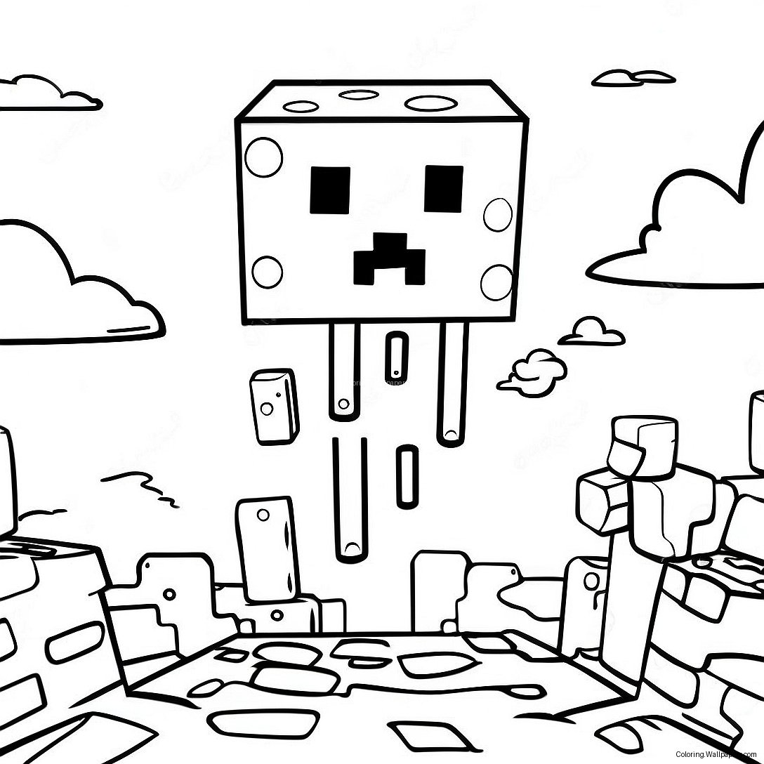 Página Para Colorir Do Ghast Do Minecraft Flutuando No Céu 47475